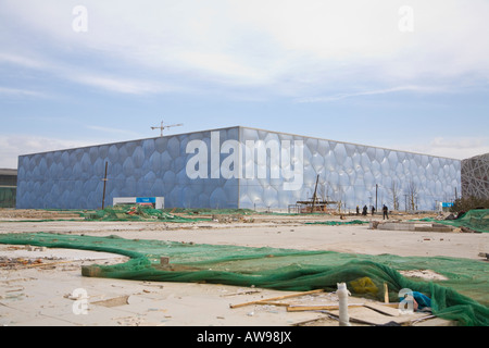 The blue colored National Aquatics Center NAC nicknamed the Water Cube The picture was taken in March 2008 Stock Photo