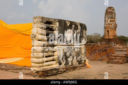 Giant Reclining  Buddha With Safron Robe Ancient City  Of Ayuthaya Thailand South East Asia Stock Photo