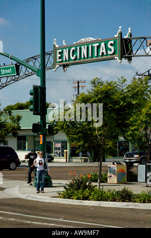 Sign marking the city of Encinitas over the highway with historic La ...