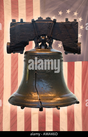 Liberty Bell and American flag with thirteen stars Stock Photo