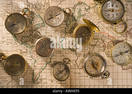 Compasses on a map Stock Photo