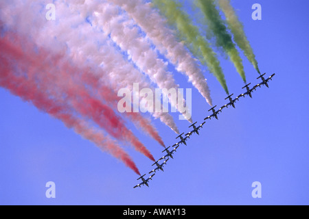 Aermacchi MB339A formation flown by the Italian Air Force Frecce Tricolori aerobatic display team at the RIAT 2005 airshow. Stock Photo