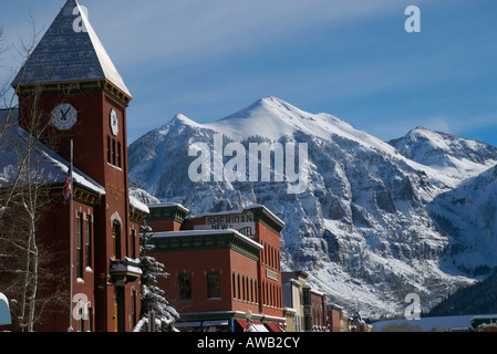 telluride colorado main street during winter after a big storm on a sunny day Stock Photo