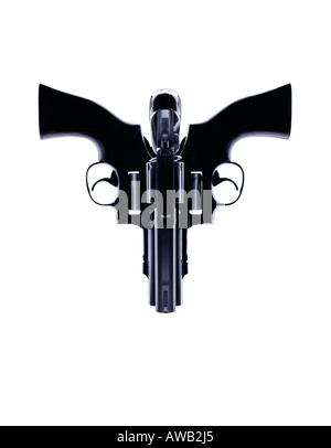 3 Magnum guns shot and positioned in a creative way to form a face or skull Stock Photo