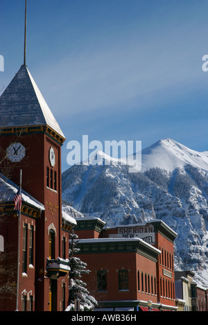 telluride colorado main street during winter after a big storm on a sunny day Stock Photo