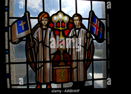 Stained glass window in Akureyrarkirkja cathedral Akureyri Iceland Stock Photo