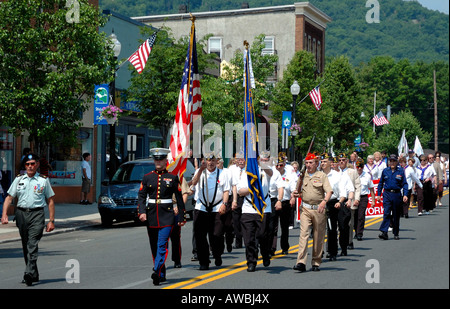 Small town Memorial Day parade Honor guard and veterans participate in a Memorial Day parade on Main Street Suffern New York Stock Photo