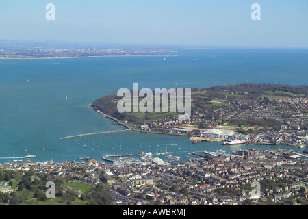 Panoramic aerial view of Cowes and East Cowes on the Isle of Wight featuring the ferry terminal and the boat yards Stock Photo