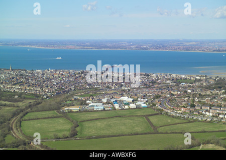 Panoramic aerial view of Ryde on the Isle of Wight with views across the Solent and features the Island Line train service