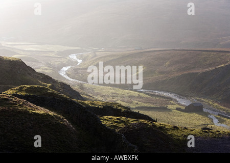 Harsh morning sunlight looking over Angram common, Yorkshire Dales, UK Stock Photo