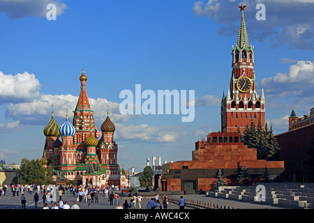 Russia, Moscow, Red Square, St Basils Cathedral, The Kremlin, Lenin Mausoleum, Savior Tower Stock Photo