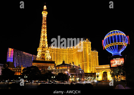 The Paris Hotel and Casino Las Vegas at Night Stock Photo