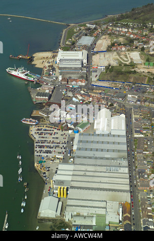 Aerial view of East Cowes on the Isle of Wight featuring the ferry terminal, boat yards & the Floating Bridge Stock Photo