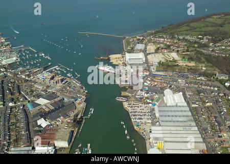 Aerial view of Cowes & East Cowes on the Isle of Wight featuring the ferry terminal, boat yards & the Floating Bridge Stock Photo