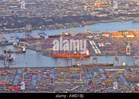 Container ships loaded at Hamburg's harbour, Hamburg, Germany, Europe Stock Photo