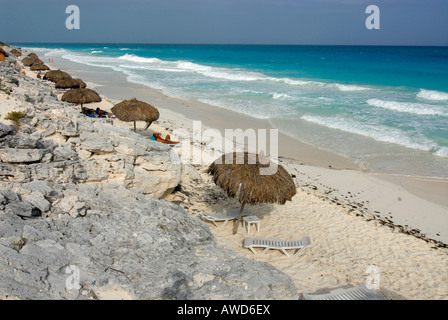 Parasols on the beach of Cayo Largo, Cuba, Americas Stock Photo