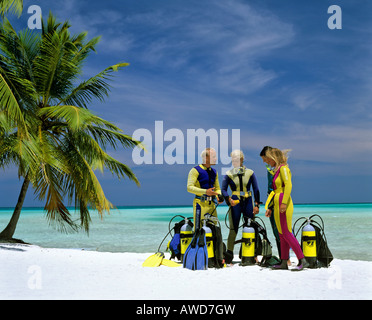 Scuba lessons on the beach, palm tree, Maldives, Indian Ocean Stock Photo