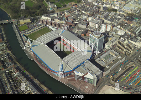 Aerial view of the Millennium Stadium in Cardiff, Wales, home of Welsh Rugby Union and the venue for concerts & sporting events Stock Photo