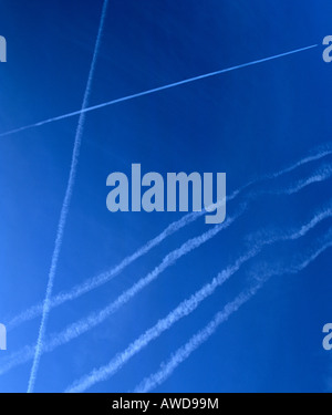Air traffic, con trails in the sky Stock Photo
