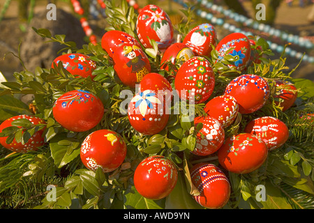 Painted Easter eggs on Easter fountain, Bieberach, Franconian Switzerland, Bavaria, Germany, Europe Stock Photo