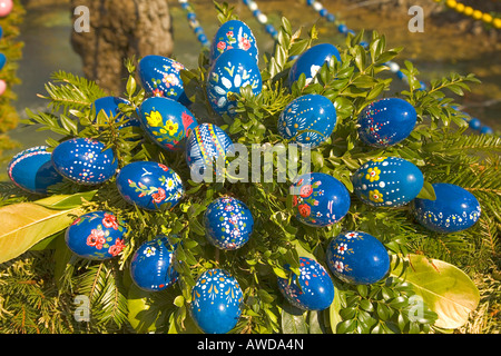 Painted Easter eggs on Easter fountain, Bieberach, Franconian Switzerland, Bavaria, Germany, Europe Stock Photo