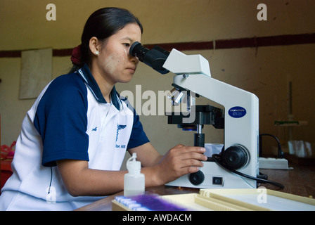Blood test on Malaria with microscope in the lab, Kou Kou Clinic, Swe Kou Kou village, IDP-Area bordering Thailand near Maesot, Stock Photo