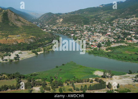 Confluence of the rivers Mtkwari and Aragwi, near Mzcheta, Georgia, Asia Stock Photo