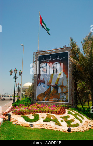 Roadside mural of Regent Sheikh Mohammed bin Zayed Al Nayhan and his father, Abu Dhabi, United Arab Emirates, Asia Stock Photo