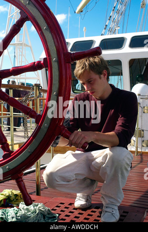 Tall ship Dar Mlodziezy, steering wheel Stock Photo