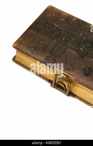 Old photo album leather bound embossed with a brass clasp Stock Photo