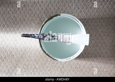 Paintbrush resting on opened paint can Stock Photo