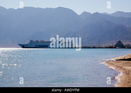 Nuweiba Muzeina Gulf of Aqaba Sinai Peninsula Egypt Cargo ship in port on Red Sea east coast Stock Photo