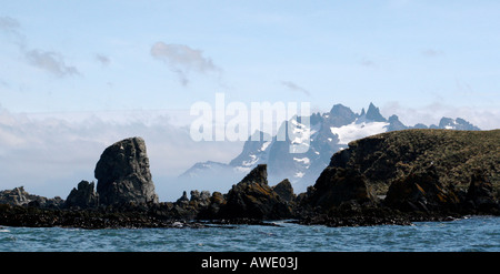 rock outcropping on the island of South Georgia with snowy mountains in the background Stock Photo