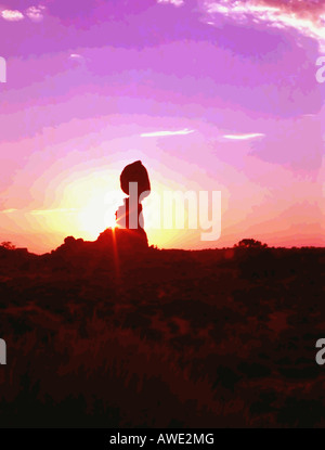 An artistic rendering of Balanced Rock in Arches Nat'l Park, USA. The silhouetted tower against the sunset make a fine art piece Stock Photo