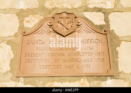 CALIFORNIA Santa Barbara Mission Santa Barbara plaque on exterior of church history of building established in 1786 Stock Photo