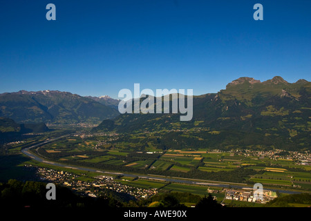 View of Reintal Valley, Vaduz and Switzerland from Liechtenstein, Europe Stock Photo