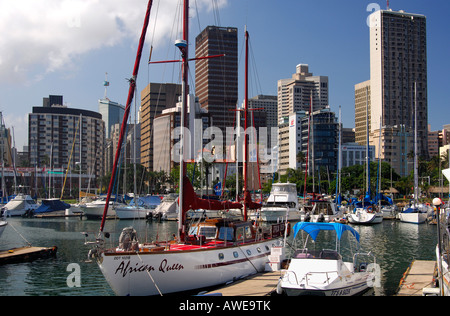 Yacht harbour in front of the skyline of Durban, South Africa Stock Photo