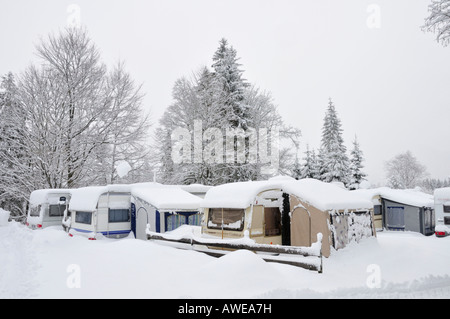 Camping ground in winter, Riezlern, Kleinwalsertal, Austria, Europe Stock Photo