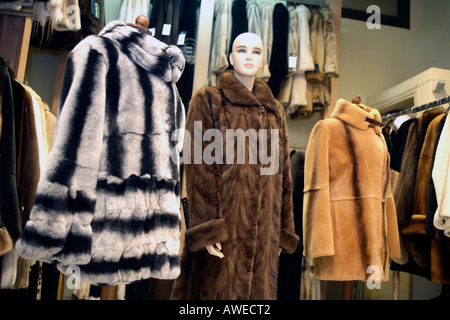 greece mainland halkidiki kassandra interior of shop selling fur coats Stock Photo