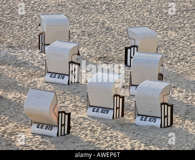 Beach chairs in the early morning, Sellin, beach resort town, Ruegen, Germany, Europe Stock Photo