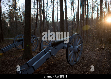 Revolutionary War artillery cannons sit in the woods of Guilford Courthouse National Military Park, near Greensboro, NC Stock Photo