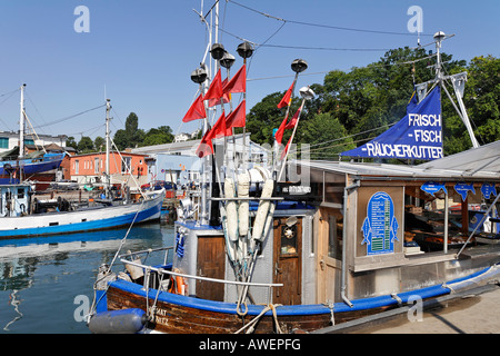 Seafood vendor and bistro on a boat, Sassnitz, Ruegen, Germany, Europe