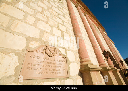 CALIFORNIA Santa Barbara Mission Santa Barbara plaque on exterior of church history of building established in 1786 Stock Photo