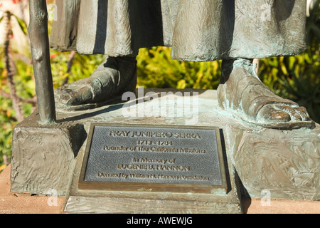 CALIFORNIA Santa Barbara Mission Santa Barbara established by Padre Junipero Serra 1786 statue of founder feet and plaque Stock Photo