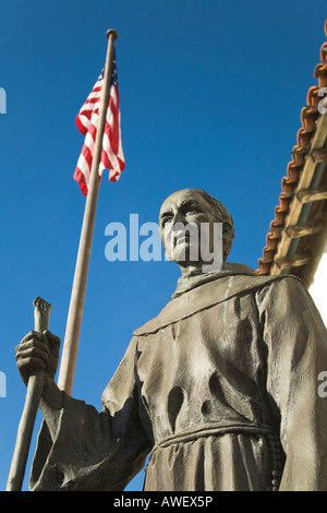 CALIFORNIA Santa Barbara Mission Santa Barbara established by Padre Junipero Serra 1786 statue of founder American flag Stock Photo