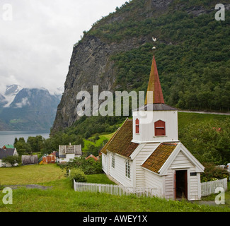 Norway's smallest stave church in Undredal at Aurlandsfjord, Norway, Scandinavia, Europe Stock Photo