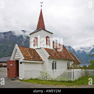 Norway's smallest stave church in Undredal at Aurlandsfjord, Norway, Scandinavia, Europe Stock Photo