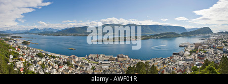 View over the sound toward the Sunnmøre Mountains from Aksla Hill, Ålesund, Norway, Scandinavia, Europe Stock Photo