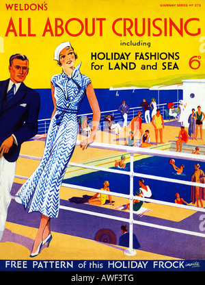 All About Cruising, 1930s Weldons magazine supplement shows a cruise liner with holiday fashions for land and sea Stock Photo