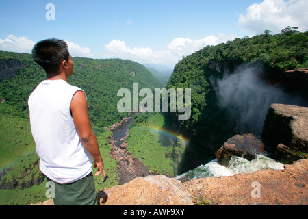 Visitor viewing Kaieteur Waterfalls, Potaro National Park, Guyana, South America Stock Photo